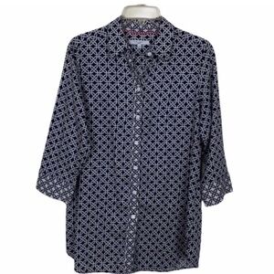 Foxcroft Women’s  Geometric Blue 3/4 Sleeves Shirt Color Size 8